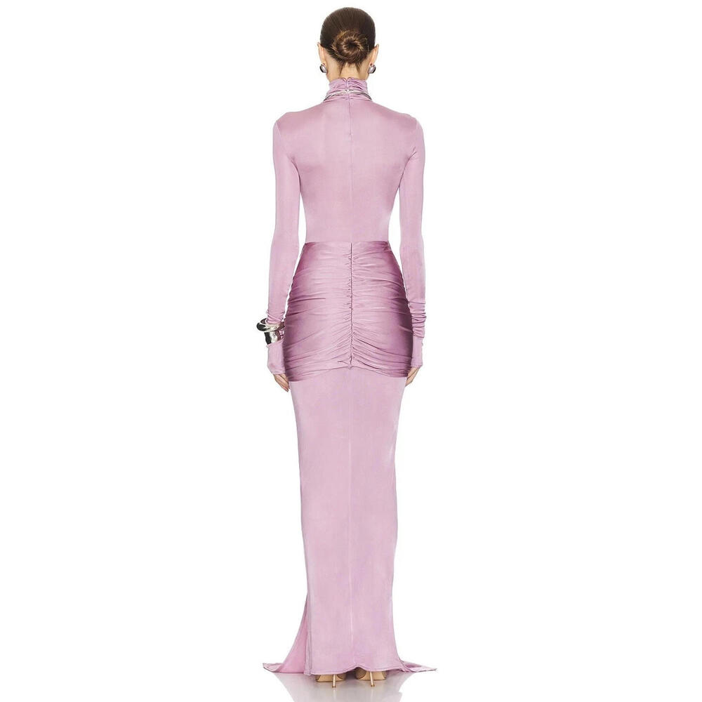 Helsa Slinky Jersey Ruched Sarong Maxi Dress Turtleneck Long purple Sz L $398 - Picture 4 of 12